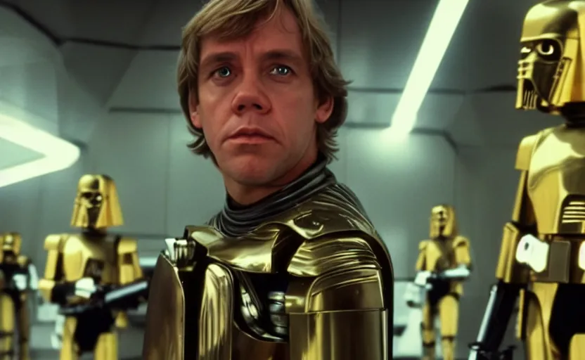 Prompt: screenshot portrait of Luke Skywalker with a fleet of chrome C-3P0 droids, iconic scene from 1980s film by Stanley Kubrick, 4k, cinematic still frame, surreal sci fi architecture, portrait photoreal Mark Hammill, detailed face, moody lighting, anamorphic lenses, stunning cinematography, hyper detailed, sharp, 4k, HD