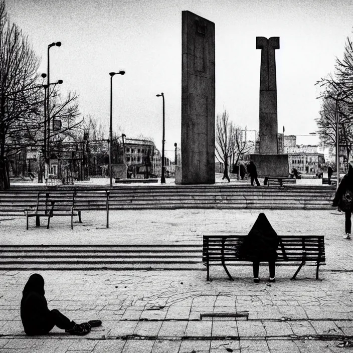 Prompt: storyboard : sadie sink in hoodie sat down on bench in ruined square, pedestrians walk by, old soviet monument nearby. scifi cyberpunk. by gabriel hardman. cinematic atmosphere, detailed and intricate, perfect anatomy