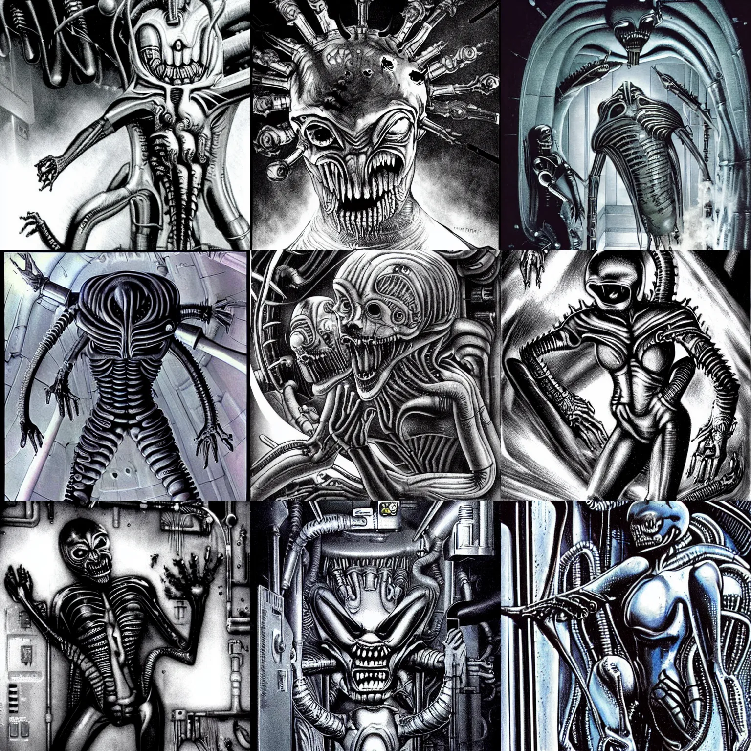 Prompt: giger alien queen breaking out of cryo and fighting scientists. Sci-fi horror.