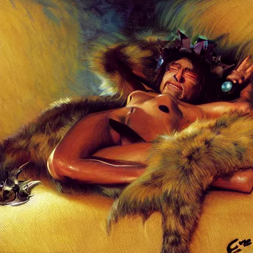 Image similar to a portrait of a furry alien human hybrid sleeping on the couch. highly detailed painting by gaston bussiere, craig mullins, j. c. leyendecker, furry