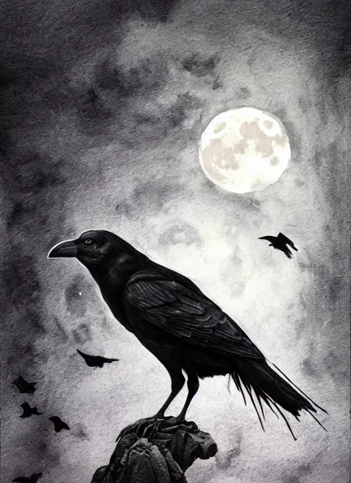 Image similar to portrait, A crow in front of the full big moon, book cover, red white and black colors, establishing shot, extremly high detail, foto realistic, cinematic lighting, pen and ink, intricate line drawings, by Yoshitaka Amano, Ruan Jia, Kentaro Miura, Artgerm, post processed, concept art, artstation, matte painting, style by eddie mendoza, raphael lacoste, alex ross