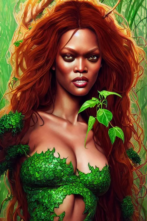 Image similar to tyra banks as poison ivy, realistic portrait, symmetrical, highly detailed, digital painting, artstation, concept art, smooth, sharp focus, illustration, cinematic lighting, art by artgerm and greg rutkowski and alphonse mucha