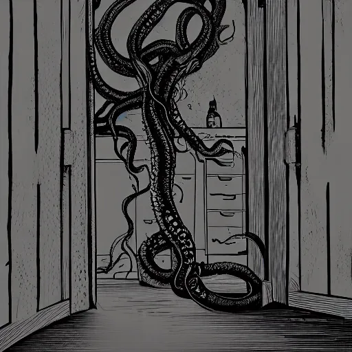 Image similar to grainy horror movie still of tentacles monster in closet, child room, moonlight, eerie, artstation