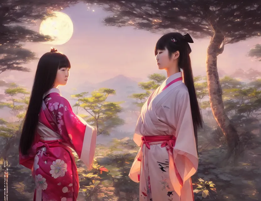 Image similar to two beautiful fashion taiwan girls wear fantasy yukata in festival | | big eyes, sunny, dreamlike art, realistic shaded, smile, good looking, fine details, 4 k realistic, cryengine, realistic shaded lighting poster by greg rutkowski, magali villeneuve, artgerm, jeremy lipkin and michael garmash and rob rey