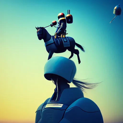 Image similar to photography of anthropomorphic horse men riding an astronaut back. from western by hiroyuki okiura and katsuhiro otomo and alejandro hodorovski style with many details by mike winkelmann and vincent di fate in sci - fi style. volumetric natural light photo on dsmc 3 system,