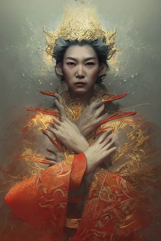 Image similar to Japanese god, portrait, powerfull, intricate, elegant, volumetric lighting, scenery, digital painting, highly detailed, artstation, sharp focus, illustration, concept art, ruan jia, steve mccurry