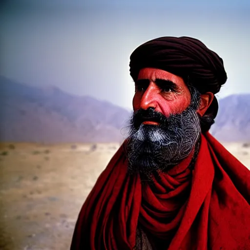 Prompt: portrait of john adams as afghan man, green eyes and red scarf looking intently, photograph by steve mccurry