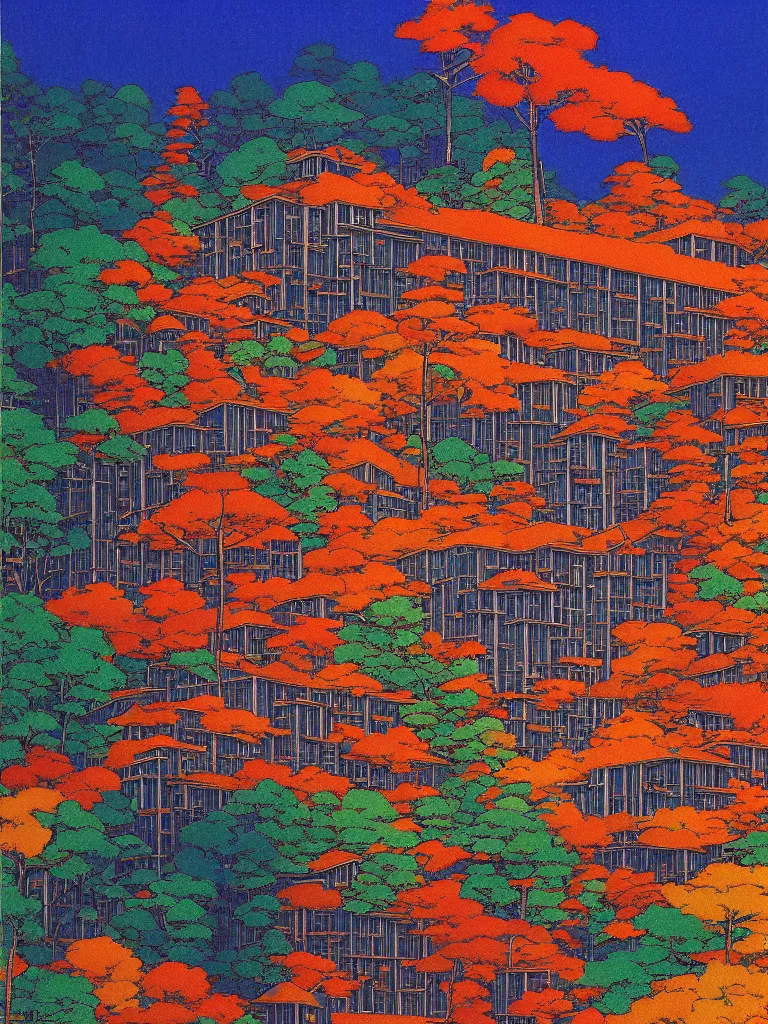 Image similar to a psychedelic hallucination of a brutalist hotel in the autumn mountains, by kawase hasui, moebius, edward hopper, colorful flat surreal design, dramatic lighting, hd, 8 k, artstation