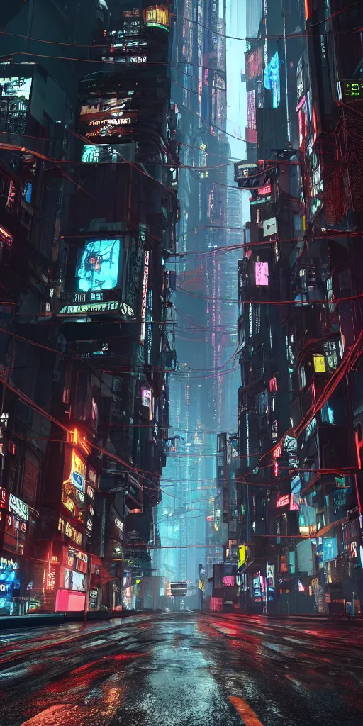 Image similar to cyberpunk streets. cables, wires, narrow. rain. haze. ultra high details. 8k. photorealistic. dark. shadows