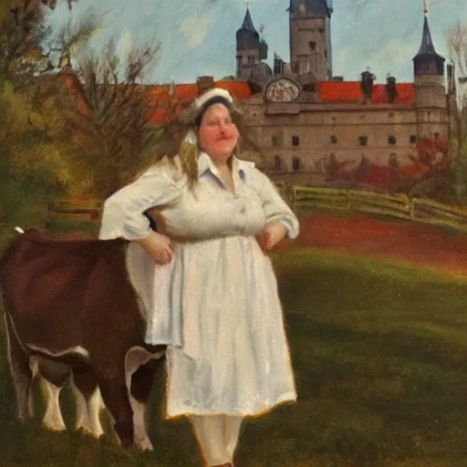 Image similar to painting by zorn, cow wearing!!! clothes!!! jeans!!! standing next to royal castle!!