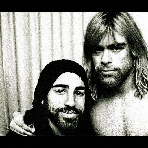 Prompt: Joe rogan interviewing with Kurt Cobain, low quality, vhs quality, late 2000’s