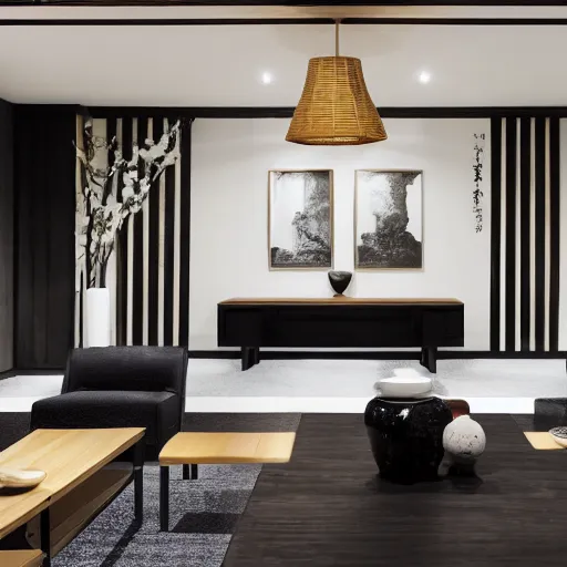 Image similar to lounge and dining room, stone, interior design, stylish luxury hotel living room design, yakisugi, black vertical slatted timber, textures, feminine, black walls, art, Japanese pottery vase with flowers, kakejiku, seasonal, Japanese influences