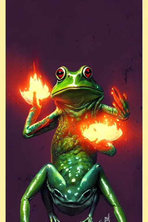 Image similar to greg rutkowski poster. frog wizard