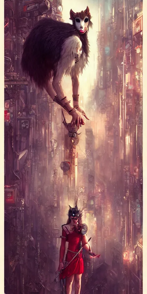 Image similar to hyper realistic Princess Mononoke with her mask, busy cyberpunk metropolis, city landscape, jewels, style of tom bagshaw, mucha, james gurney, norman rockwell, denoised, sharp