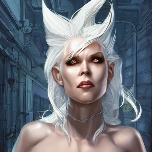 Image similar to comic art, a gorgeous beautiful female with white hair long legs standing at a dimensional gateway,full character design,8k,art by Stanley Artgermm,Travis Charest,trending on Artstation,face enhance,hyper detailed,full of colour,cinematic,dynamic lighting