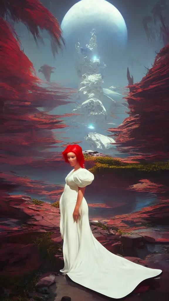 Prompt: a mysterious woman with red hair and white gown, DMT imagery, Octane render, PBR, path tracing. subsurface scattering. By Syd Mead and Tyler Edlin and Paul Lehr and Albert Bierstadt