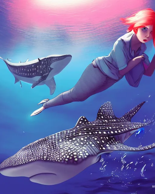 Image similar to whale shark with redhead girl, radiant lighting, cinematic, artstation by moebius