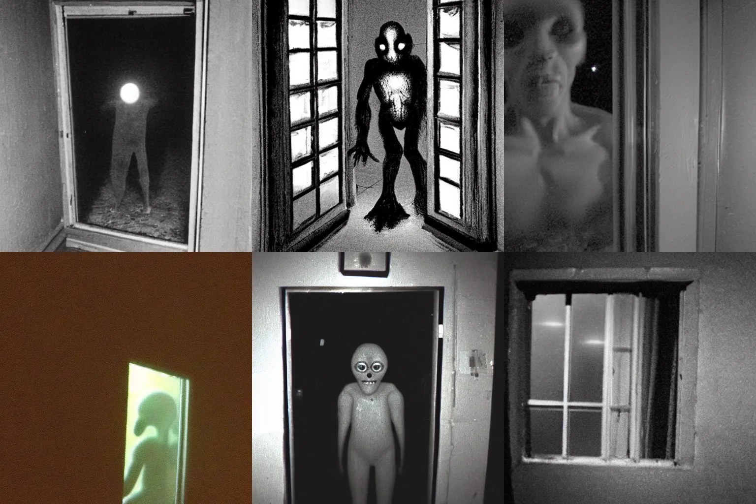 Prompt: found footage of a humanoid creature peering through a window at night, cryptid, creepy, uncanny