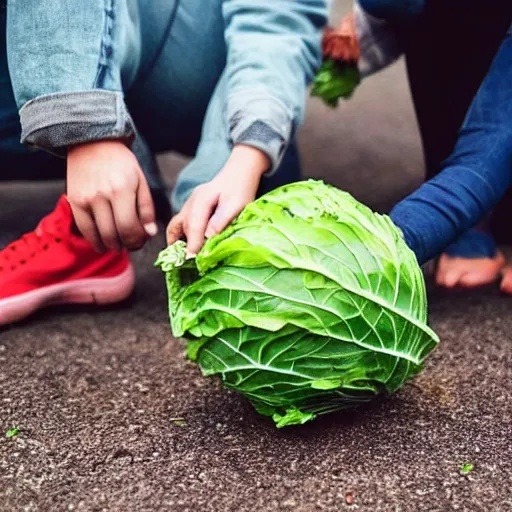 Prompt: people using a cabbage as a soccer ball