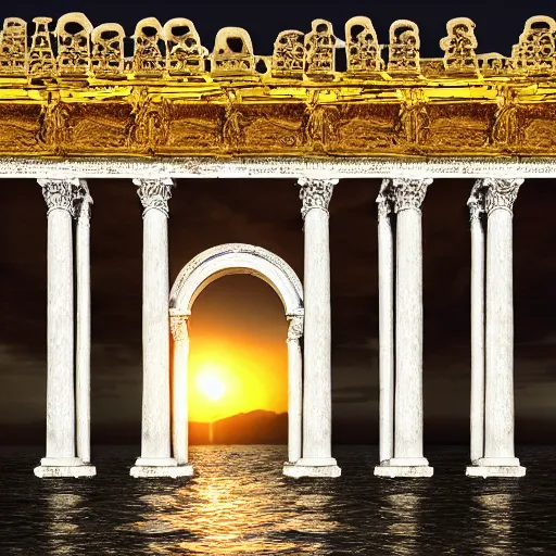 Image similar to A woman wrapped in billowing veils, ankle-deep in water under an archway with two gilded Roman columns made of human bones, sunset, super photo-realistic, detailed, 4k