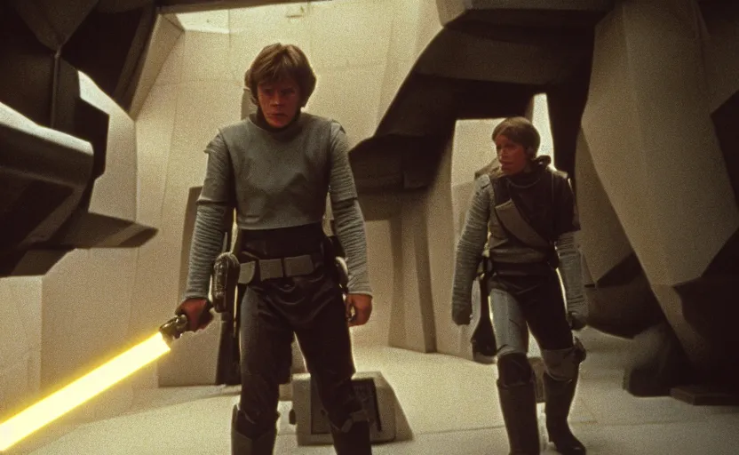 Image similar to screenshot of the epic scene featuring Luke Skywalker in grey body armor, iconic scene from 1980s film by Stanley Kubrick, 4k, cinematic still frame, surreal sci fi architecture, portrait photoreal, detailed face, moody lighting, stunning cinematography, hyper detailed, sharp, anamorphic lenses, kodak color film stock