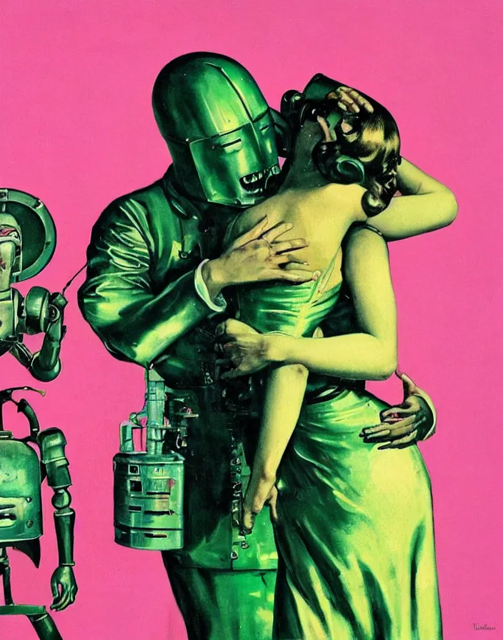 Prompt: a female housewife!!!! being hugged by a manly metal robot!!!! in a suit!!!, 1 9 5 0 s horror film movie poster style, ( norman rockwell oil painting ), close - up shot, tight shot, retro science fiction, vintage, saturated pink and green lighting, shadowy lighting