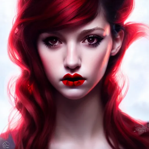 Image similar to a realistic illustration portrait of a beautiful cute girl with wavy black and red hair, a pointy nose and, round chin black eyeliner, trending on artstation, dynamic, hyper - realistic lighting, intricate, ross tran, realistic hair