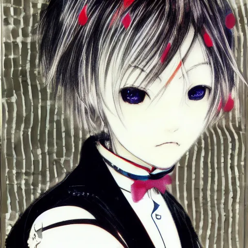 Image similar to Yoshitaka Amano realistic illustration of an anime girl with short white hair and black eyes wearing tuxedo, abstract black and white patterns on the background, noisy film grain effect, highly detailed, Renaissance oil painting