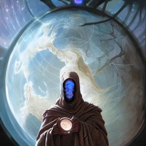 Image similar to masked nomad male wearing a cloak on an alien world and holding a holographic planet projection in his hand, detailed, sci - fi, digital painting, artstation, sharp focus, illustration, ominous, artgerm, tomasz alen kopera, peter mohrbacher, donato giancola, joseph christian leyendecker, wlop, frank frazetta