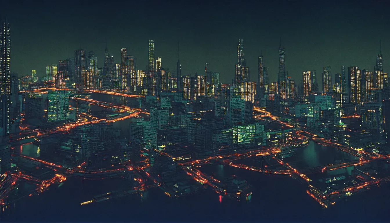 Prompt: 80s asian neon movie still with a panorama of a river at night with city lights in the background. Fallen angels movie still. hyperrealistic, high definition, medium format photography, highly detailed, tehnicolor, anamorphic 50mm lens