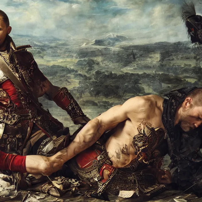 Image similar to professional photographic portrait of tom hardy as machiavel vanquished enemies strewn over the ground, renaissance style, fine art piece, incredible detail, vray rendering, high octane,