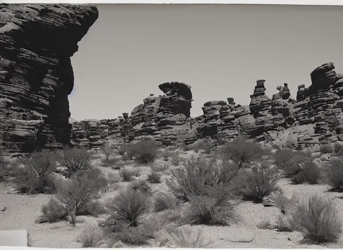 Image similar to Photograph of a chimney rock piercing through lush desert vegetation and boulders with distant mesas in the background, albumen silver print, Smithsonian American Art Museum