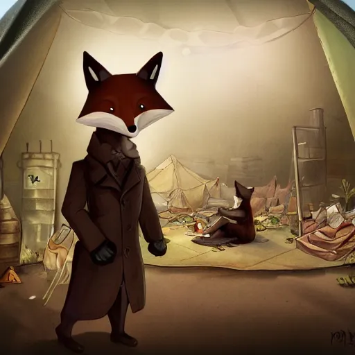 Prompt: humanoid fox detective in a homeless tent city with hobos.. dark, gothic. fine art, masterpiece digital painting, 4 k