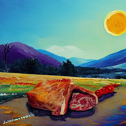 Image similar to A beautiful painting of a landscape made of meat