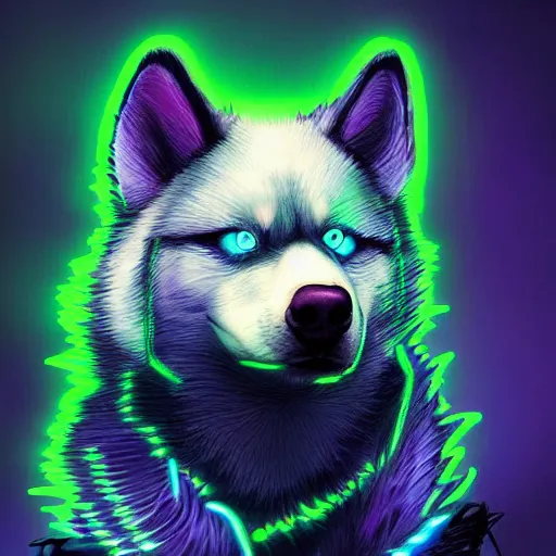 Image similar to aesthetic portrait commission of a furry anthro husky with epic neon rimmed outfit, short depth of field close up shot hyper-detailed, cinematic intense Atmosphere with heavy rain drenching husky. Character design by charlie bowater, ross tran, artgerm, and makoto shinkai, detailed, inked, western comic book art, 2021 award winning painting