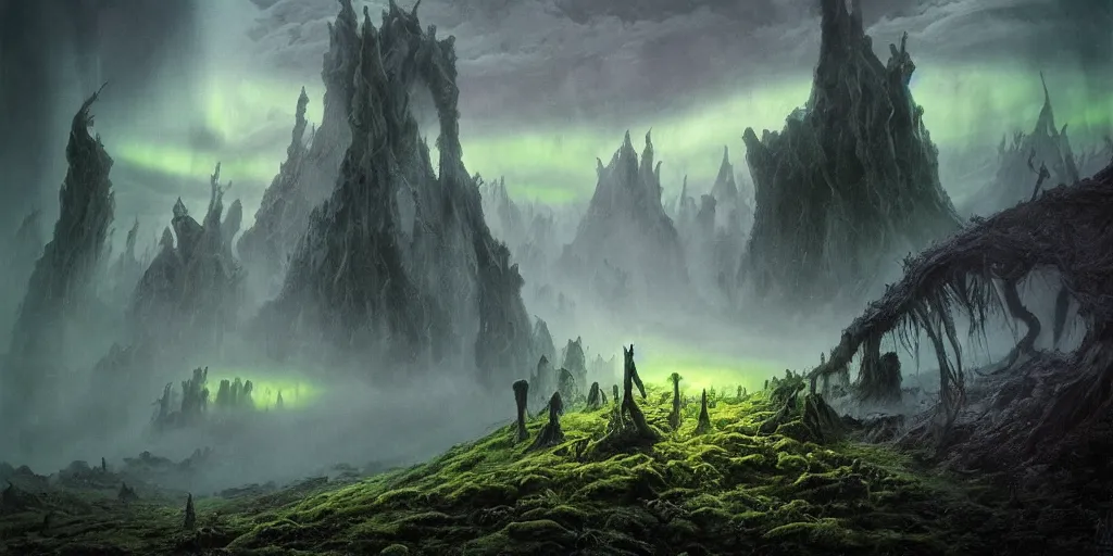 Image similar to evil eldritch lovecraftian scenery landscape, lord of the rings, aurora borealis, mist, monoliths, tentacles, fungal growths, moss highly detailed, bleak color, perfect lighting, perfect composition, 8 k, brian froud, artgerm, derek zabrocki, greg rutkowski