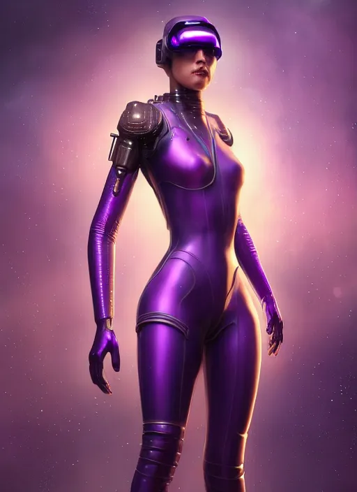 Image similar to young woman : : soft purple - gold galactic cyberpunk : : weta disney pixar movie still photo : : hi - fructose, sci fi, fantasy, decadent highly - detailed digital painting, heroic pose, full length shot, golden ratio, octane render, artstation, smooth, sharp focus, artgerm, mucha, loish, wlop, gogo