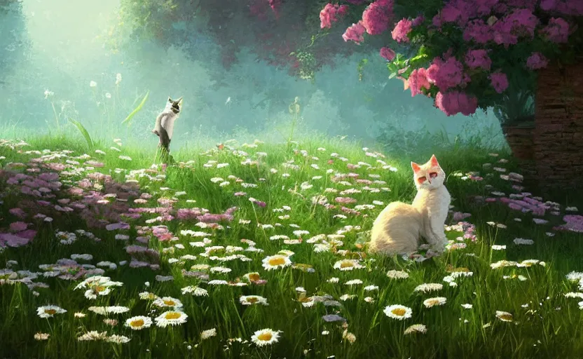 Image similar to cat and daisies, painting by craig mullins, octane rendering, soft morning lighting, wide angle lens, in the style of hayao miyazaki, trending on artstation