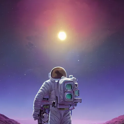 Image similar to epic portrait an astronaut standing on a lush purple world, sunset, giant purple sun, beauty, pretty clouds, digital painting, artstation, concept art, soft light, hdri, smooth, sharp focus, illustration, fantasy, intricate, elegant, highly detailed, D&D, matte painting, in the style of Greg Rutkowski and Alphonse Mucha and artemisia, 8k, highly detailed, jurgens, rutkowski, bouguereau, pastoral, rustic, georgic