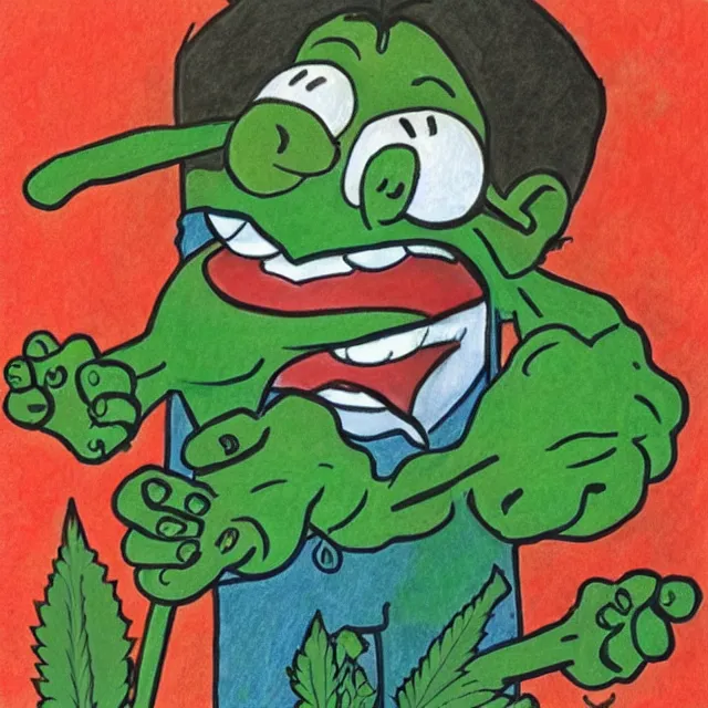 Prompt: smiling cannabis man with arms and legs cartoon, colored pencil illustration