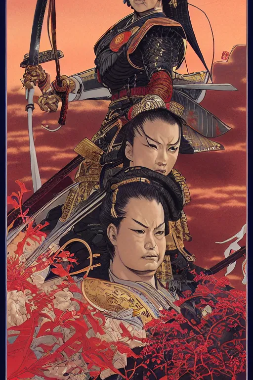 Prompt: poster of sara duterte as a samurai, by yoichi hatakenaka, masamune shirow, josan gonzales and dan mumford, ayami kojima, takato yamamoto, barclay shaw, karol bak, yukito kishiro, highly detailed