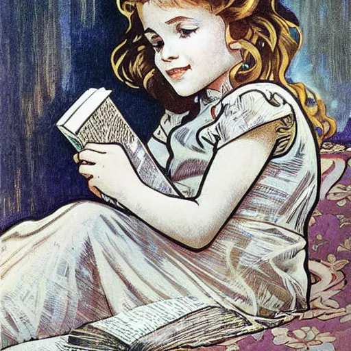 Image similar to a little girl with a mischievous face and short light brown curly wavy hair and blue eyes. she is reading a book. well composed, clean elegant painting, beautiful detailed face. by steve ditko and jack kirby and alphonse mucha