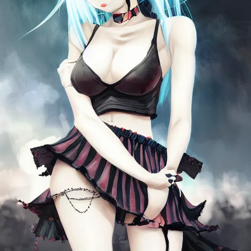 Image similar to goth anime girl in mini skirt and crop top intricate, extremely detailed, digital painting, artstation, concept art, smooth, sharp focus, illustration, intimidating lighting, incredible art,