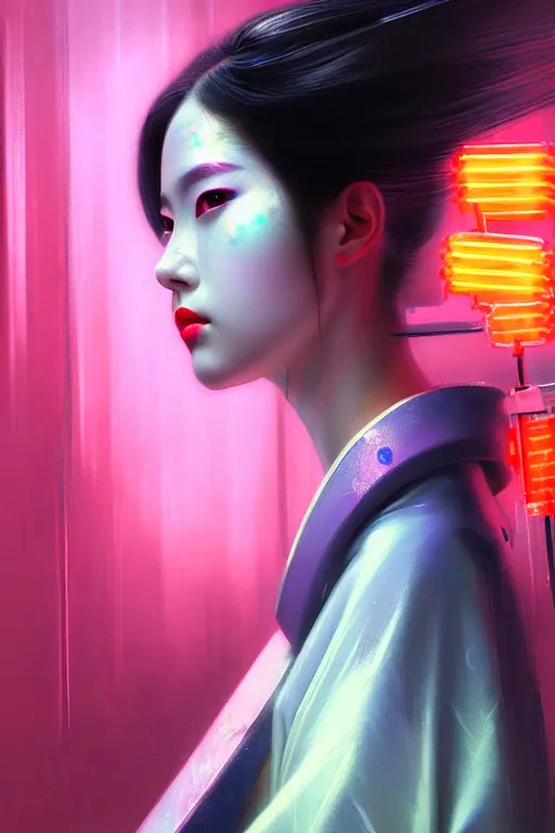 Image similar to photography face close - up portait of a beautiful young cyberpunk geisha half body in a kimono and with an white umbrella in city with neon lights, ambient lights, rainy day, digital painting, art station, by greg rutkowski