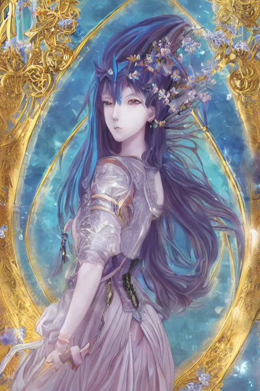 Image similar to breathtaking detailed anime painting of a knight queen with long flowing blue hair, pastel flower petals flying, art by pilyeon, yuumei art, symmetrical facial features, at dawn in front of a pristine golden art nouveau cathedral, elegant, volumetric lighting, highly detailed, artstation, concept art, matte, sharp focus,