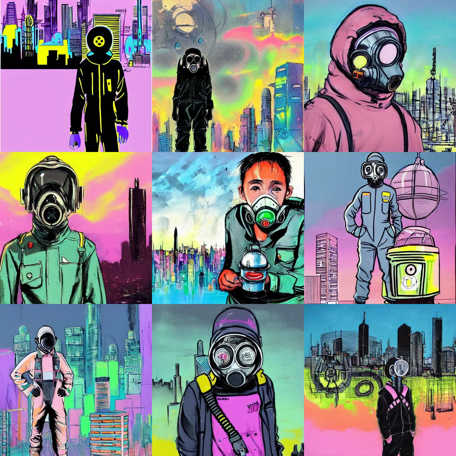 Prompt: teenager wearing a boiler suit and a futuristic gas mask, city skyline in the background, pastel colours, science fiction concept art, by Jim mahfood