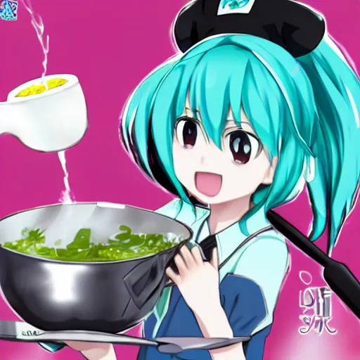 Prompt: hatsune miku with with a ladle in hands cooking food, high quality anime art, cute art, trending on pixiv