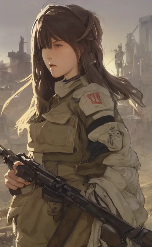 Prompt: panoramic view, a soldier girl, soldier clothing, battlefield in background, anime style, hair down, symmetrical facial features, from arknights, hyper realistic, 4 k, extreme detail, detailed drawing, trending artstation, safebooru, realistic lighting, by alphonse mucha, greg rutkowski, sharp focus