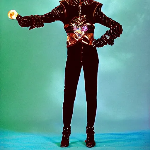 Image similar to davis taylor brown dressed in 1 9 8 1 space fantasy fashion