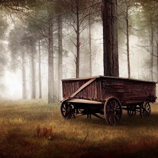 Image similar to an abandoned wagon in the woods, concept art, rutkowski